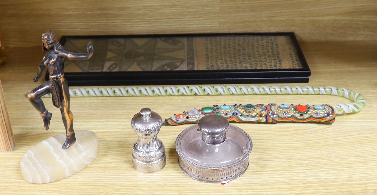 A miscellaneous selection of items, to include a Mappin and Webb Peugeot grinder, an Egyptian-style lady dancing on a plinth, a beaded dagger, etc.